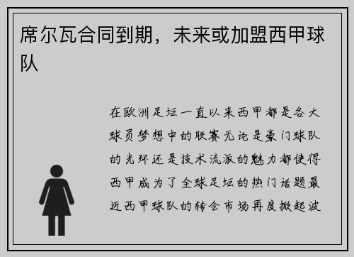席尔瓦合同到期，未来或加盟西甲球队